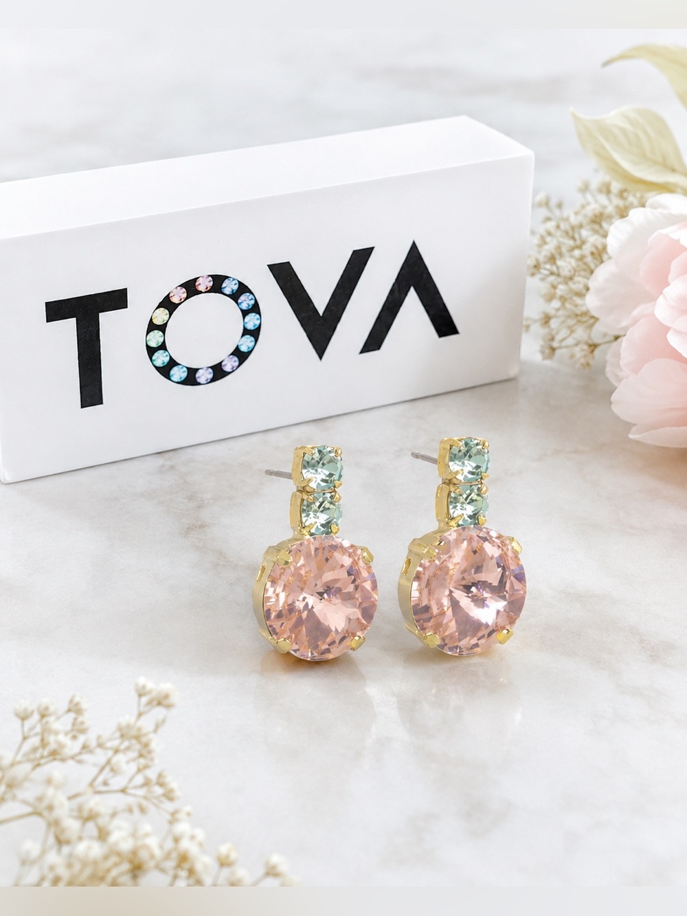 TOVA Dee Earrings in pink and mint Crystal Drop